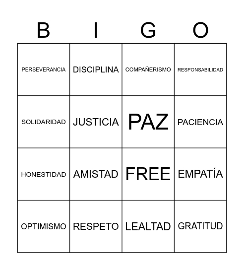 VALORES Bingo Card