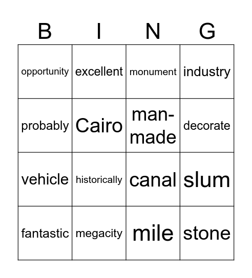 Places Bingo Card