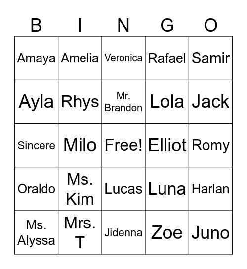 Room 1 Bingo Card