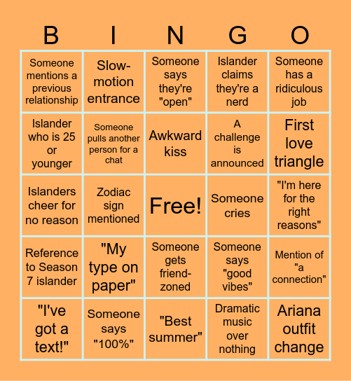 Love Island USA Season 8 Bingo Card