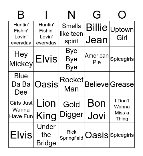 Tapleys Musical Bingo Card