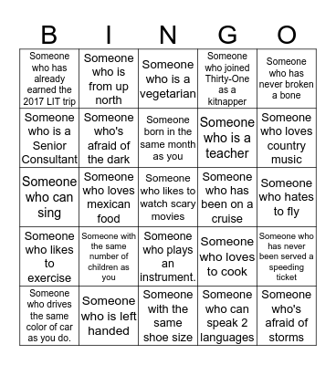 Scavenger Hunt-Getting to Know You Bingo Card