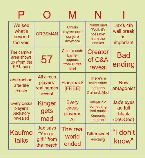 The last act Bingo Card