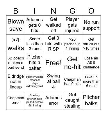 Giants game Bingo Card