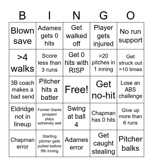 Giants game Bingo Card