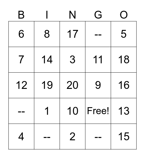 Numbers! Bingo Card