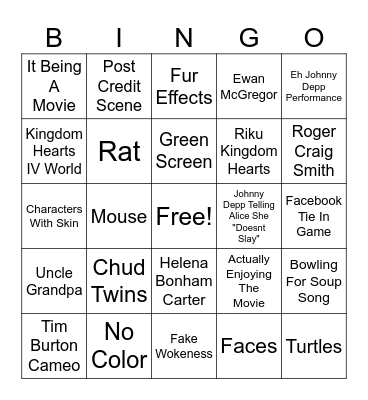 Alice In Wonderland Bingo Card