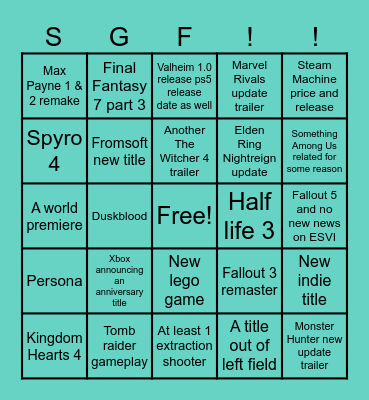 Summer Game Fest Copium Bingo Card