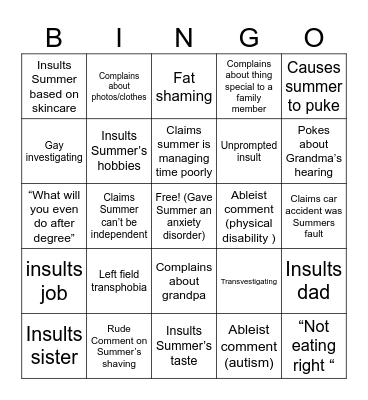 Summer’s mom bingo Card