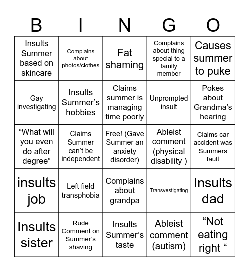 Summer’s mom bingo Card