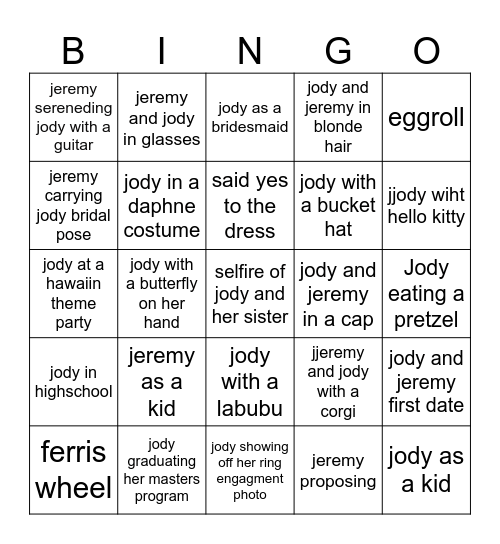 jody bridal shower Bingo Card