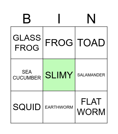 SLIMY ANIMALS Bingo Card