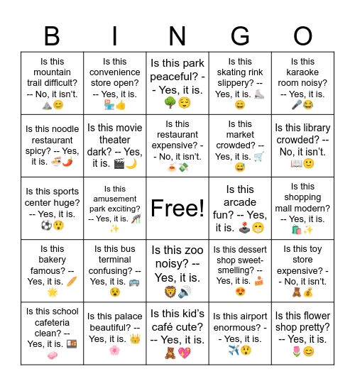 B7 L7 Is this kid’s café cute? -- Yes, it is. 🧸💖 Bingo Card