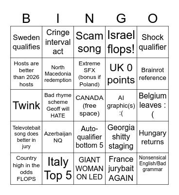 Eurovision 2027 Bingo Card