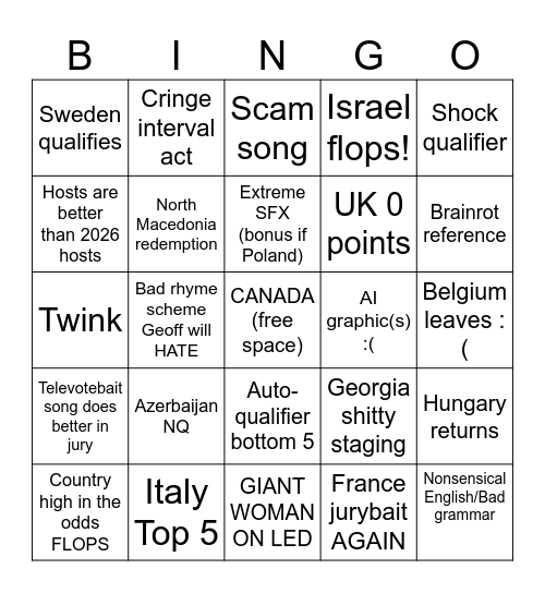 Eurovision 2027 Bingo Card