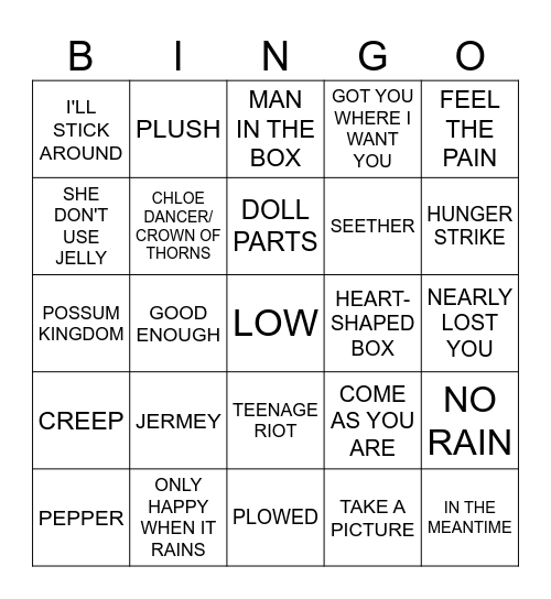 GRUNGE Bingo Card