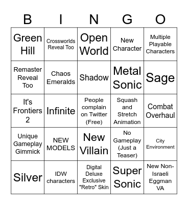 Sonic NEW GAME Summer Games Fest Bingo Card