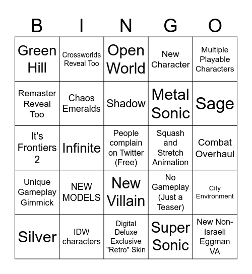 Sonic NEW GAME Summer Games Fest Bingo Card