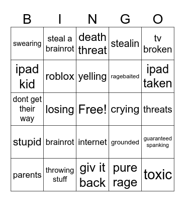 kids crashing out Bingo Card