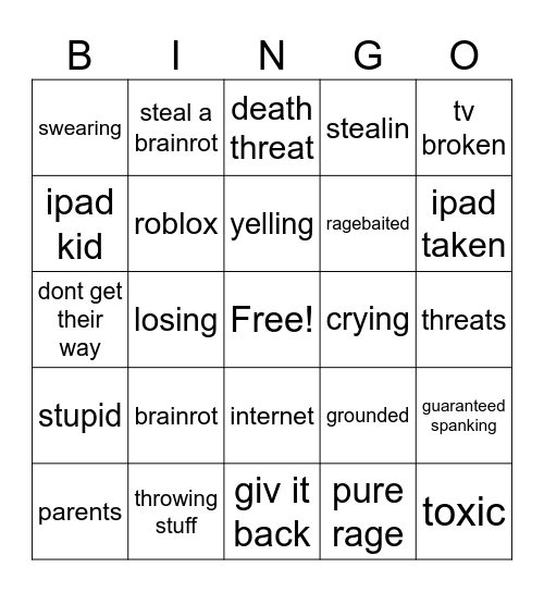 kids crashing out Bingo Card