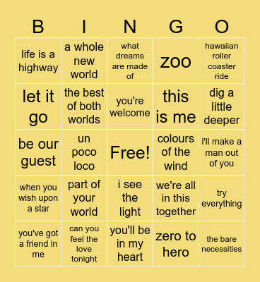 disney songs Bingo Card