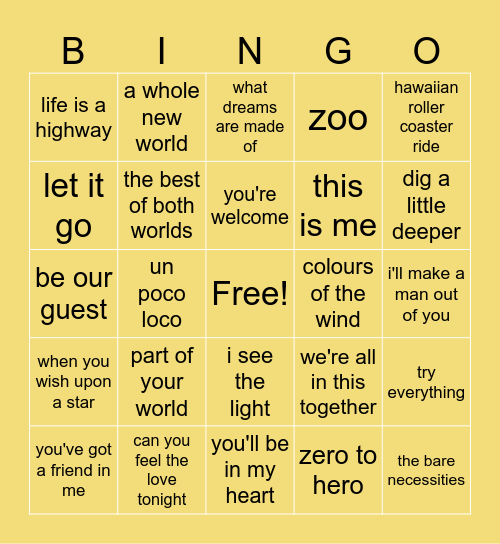 disney songs Bingo Card