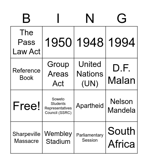 Apartheid Bingo Card