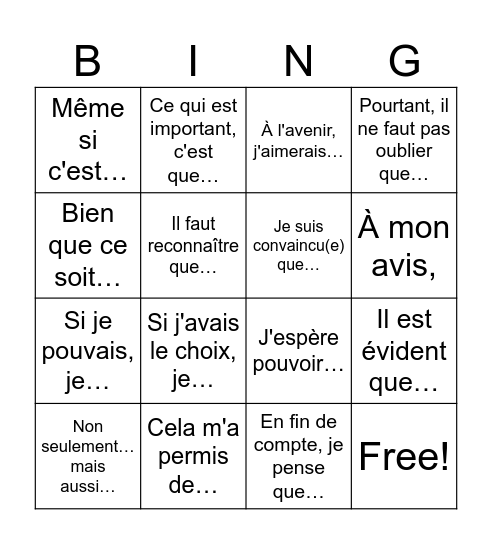 Writing Bingo Card