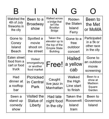 NYC Bingo Card