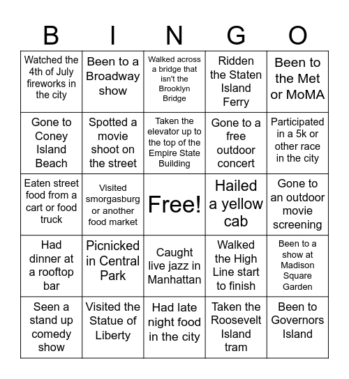 NYC Bingo Card