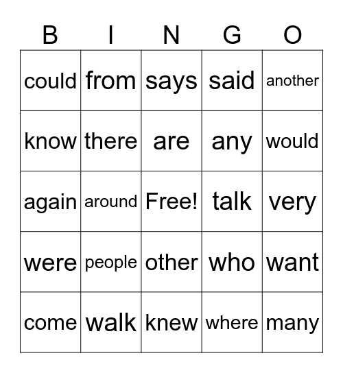 Heart Word Bingo Card