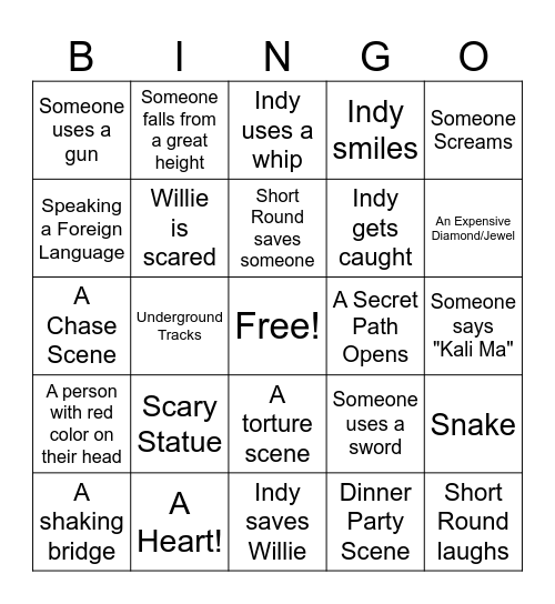 Indiana Jones & The Temple of Doom Bingo Card
