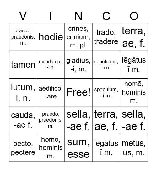 Latin 2: EOCA Vocab Bingo Card