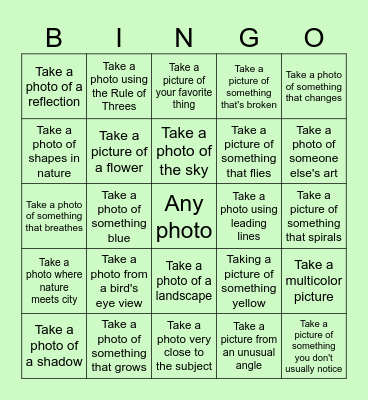 Photography Bingo! Bingo Card