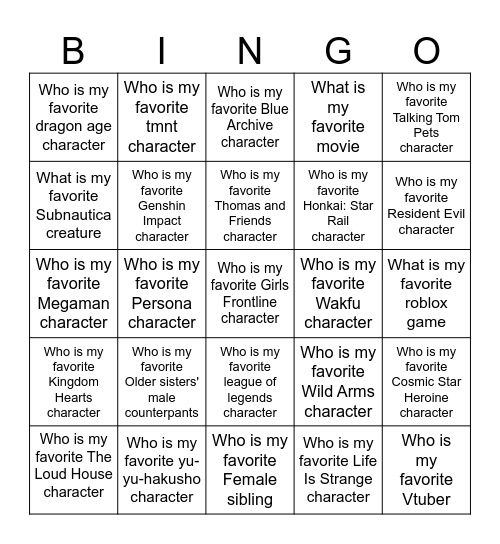 Favorite Character Bingo Card
