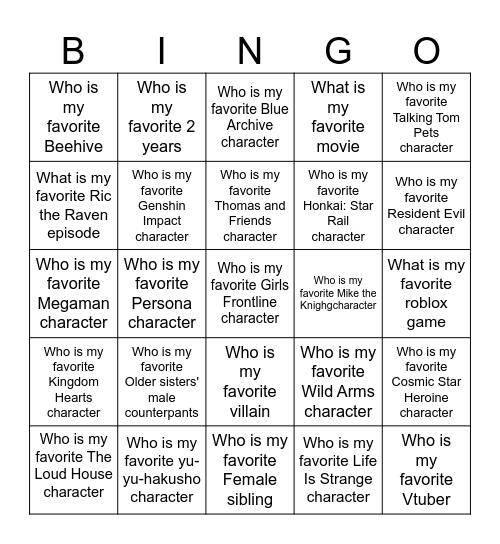 Favorite Character Bingo Card