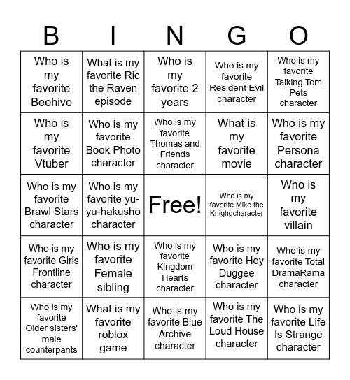 Favorite Character Bingo Card