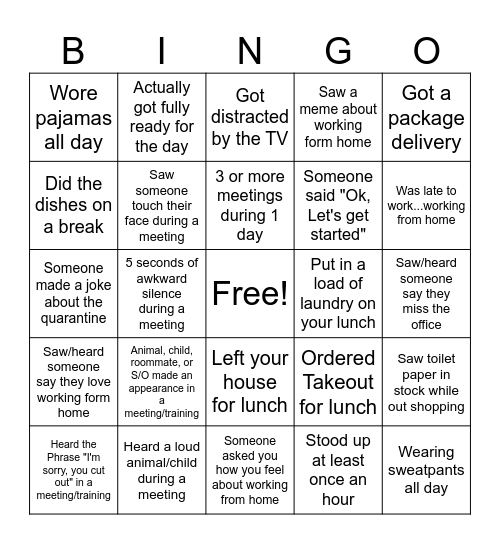 Work From Home BINGO! Bingo Card