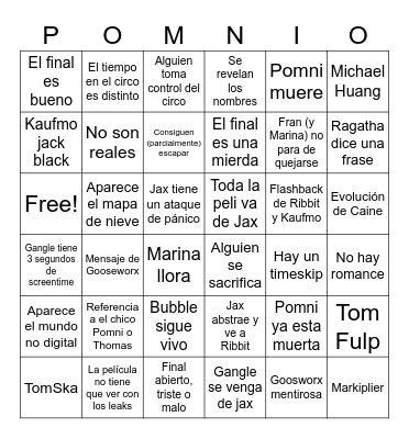 Pomni Bingo Card