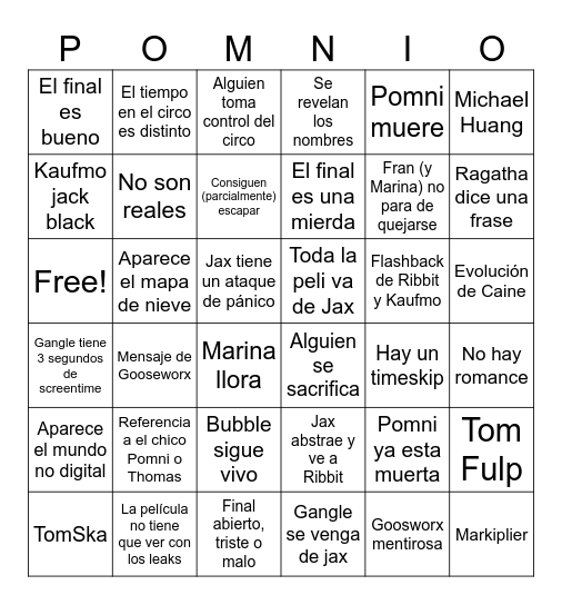 Pomni Bingo Card