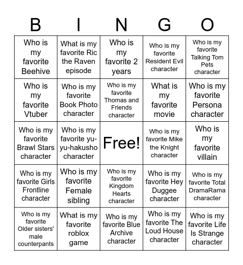 Favorite Character Bingo Card