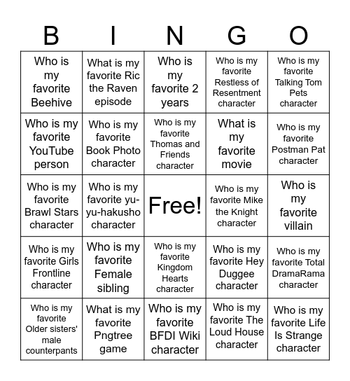 Favorite Character Bingo Card