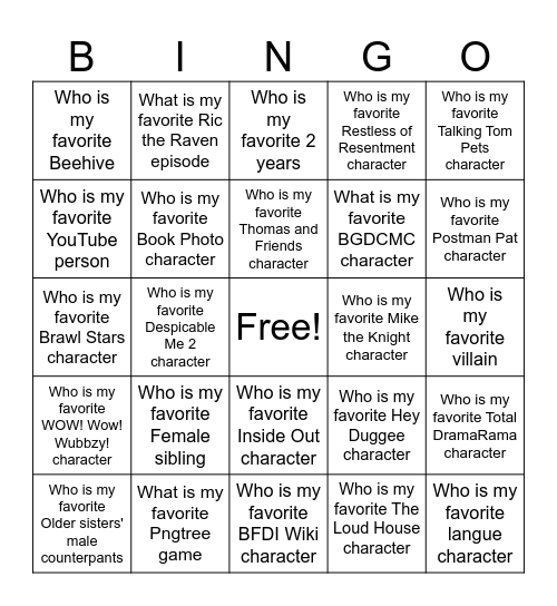 Favorite Character Bingo Card