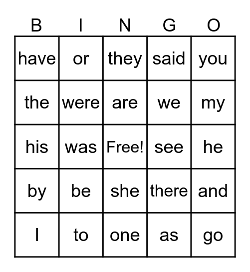 Sight Word Bingo Card