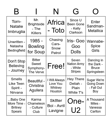 80's 90's and Early 2000's Music Bingo Card