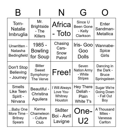 80's 90's and Early 2000's Music Bingo Card