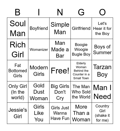 Boy/Girl     Man/Woman Bingo Card