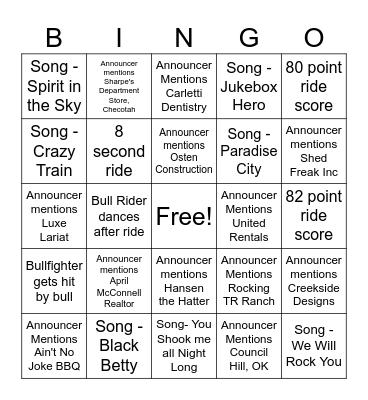 Bullriding Bingo Card