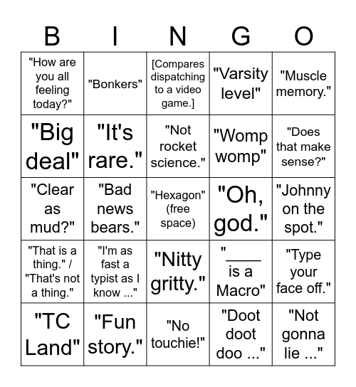 the Matt Hyde dispatch class bingo card" Bingo Card