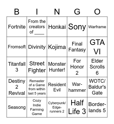 Summer Game Fest Bingo Card